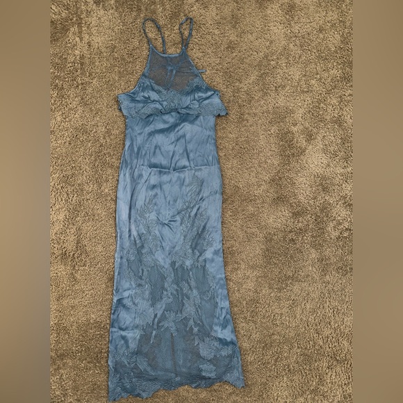 Free People Moon Child Embroidered Maxi Dress Blue Mesh Trim- Size 0 - Picture 4 of 14